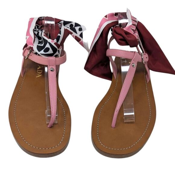 Prada Pink Leather Sandals with Printed Scarf Tie Size 38.5 Designer Flat Thong - Picture 4 of 9